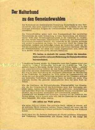 Aufruf des Kulturbundes zur demokratischen Erneuerung Deutschlands zu den Gemeindewahlen 1946