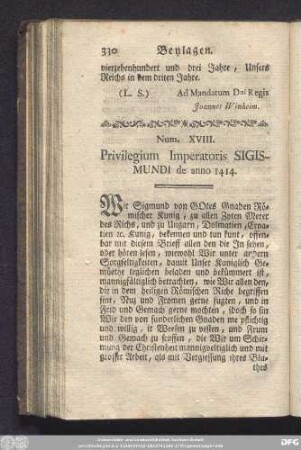 Num. XVIII. Privilegium Imperatoris Sigismundi de anno 1414.