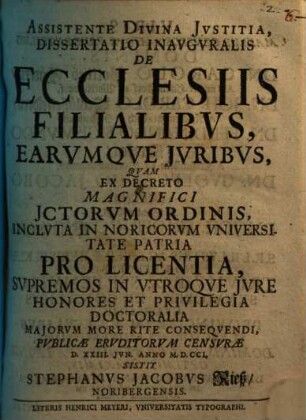 Diss. inaug. de ecclesiis filialibus, earumque iuribus