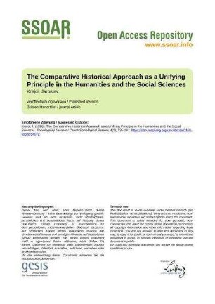 The Comparative Historical Approach as a Unifying Principle in the Humanities and the Social Sciences