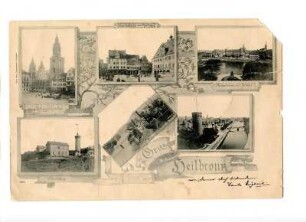 Mehrbildkarte, 6 Motive: Kilianskirche, Marktplatz und Rathaus, Postgebäude mit Brücke, Wartberg, Neckar mit Götzenturm, Bollwerksturm mit Neckar
