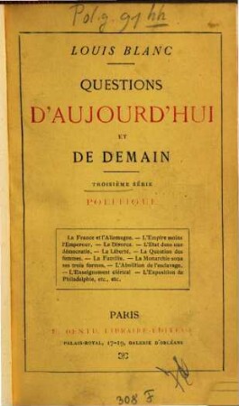 Questions d'aujourd'hui et de demain, III
