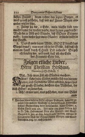 Folgen etliche Lieder, Herrn Christian Hirschens, - Lebens- und Sterbens-Gedancken. über Röm.14. V.7.8.