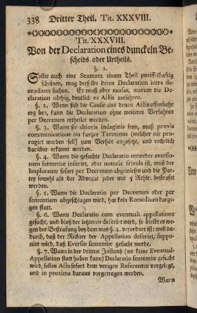 338-348, Tit. XXXVIII. Von der Declaration eines dunckeln Bescheids oder Urtheils.; Tit. XXXIX. Von denen Appellationen, so an Uns erhoben werden.; Tit. XL. Von der Revision bey dem Tribunal.