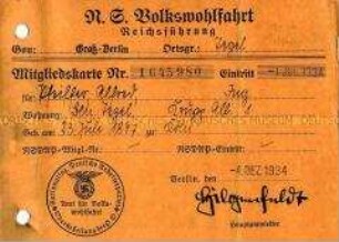Mitgliedskarte der N.S. Volkswohlfahrt von Alfred Pfeiffer