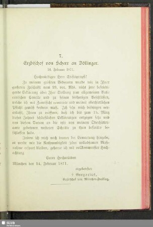 7. Erzbischof von Scherr an Döllinger : 14. Februar 1871
