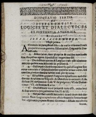 Disputatio Tertia De Differentiis Logices Et Dialectices Ex Sententia A Venrois.