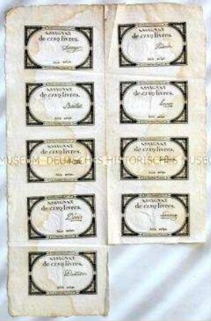 Druckbogen von 9 Assignaten zu 5 Livres