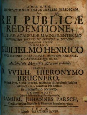 Disputationem Inauguralem Juridicam De Rei Publicæ Redemtione