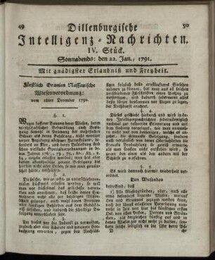 IV. Stück. Sonnabends: den 22. Jan., 1791.