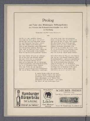 Prolog zur Feier des 40jährigen Stiftungsfestes des Vereins der Kolonialwarenhändler von 1872 zu Hamburg