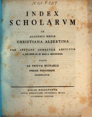 Index scholarum in Academia Regia Christiana Albertina, SS 1830
