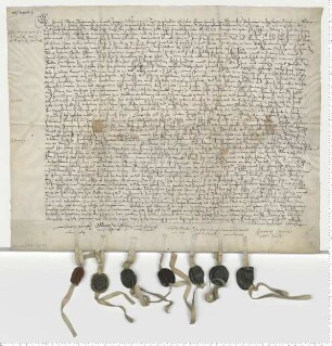 Erbteilungsrecess nach dem Tode des Johann Tobing. Eigenhändige Unterschriften von Heinrich Tobingk, Albert Musseltin, Lutke Tobingk, Elisabeth Schomaker, Jürgen Tobingk, Hieronimus Tobinck, Hartwich Schomaker.