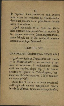 Leccion VII. Los Mexicanos (Chimalpopoca, tercer rey.)