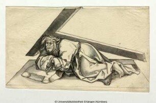 Christus, gefesselt, mit der Dornenkrone, nach links unter dem Kreuze liegend