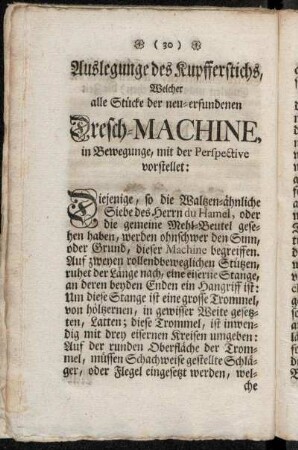Auslegunge des Kupfferstichs, welcher alle Stücke der neu-erfundenen Dresch-Machine, in Bewegunge, mit der Perspective vorstellet.