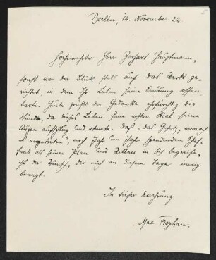 Brief von Max Freyhan an Gerhart Hauptmann