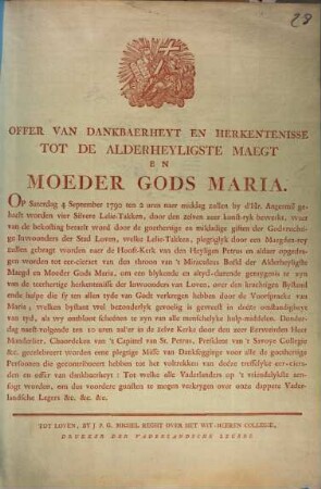 Offer Van Dankbaerheyt En Herkentenisse Tot De Aldernheyligste Maegt En Moeder Gods Maria