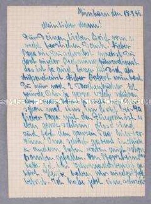 Handschriftlicher Brief einer Frau an ihren Mann aus den letzten Tagen des Zweiten Weltkrieges, u.a. zu seiner Arbeit als Rechnungsführer