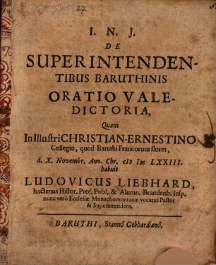 De Superintendentibus Baruthinis Oratio Valedictoria