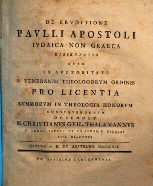 De eruditione Pauli apostoli Iudaica, non Graeca dissertatio