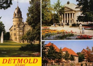 Postkarte: Detmold in Lippe. Schloß, Lippisches Landestheater,Spieker, Mittelsmühle und Kornhaus