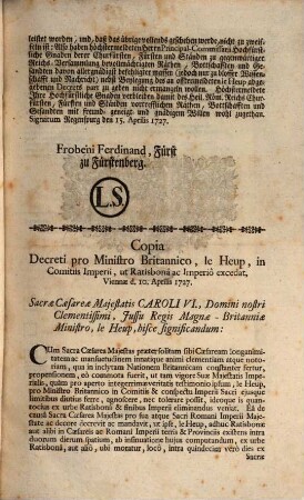 Kayserliches Commissions-Decret An Froben, Ferd. Fürst zu Fürstenberg ...