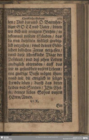 CIX. Ein Gebet, wieder die böse Lufft und verenderung der Elementen