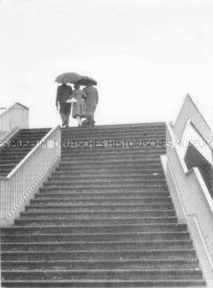 Zwei Männer und Frau mit Regenschirmen steigen eine Treppe hinauf