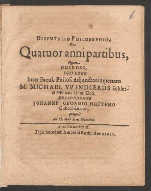 Disputatio Philosophica De Quatuor anni partibus