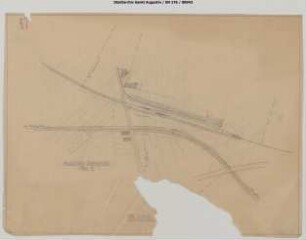 Hangelar: Konvolut "Betr. Anschluss a.d. Industriebahn b. Hangelar": Lageplan mit Rollwagengrube oder Rollbockgrube zwischen Kleinbahn Beuel - Großenbusch und BTE/RSE, Ausgangssituation mit Bf Hangelar der Kleinbahn Beuel-Großenbusch. Beschädigt.