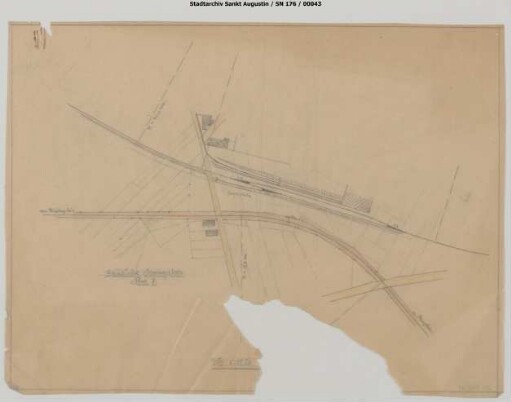 Hangelar: Konvolut "Betr. Anschluss a.d. Industriebahn b. Hangelar": Lageplan mit Rollwagengrube oder Rollbockgrube zwischen Kleinbahn Beuel - Großenbusch und BTE/RSE, Ausgangssituation mit Bf Hangelar der Kleinbahn Beuel-Großenbusch. Beschädigt.