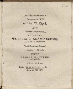 Conclusionum Forensium Exercitatio XXI. Ad Libr. XI. Digest.