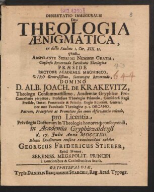 Dissertatio Inauguralis De Theologia Ænigmatica : ex dicto Paulino I. Cor. XIII. 12.