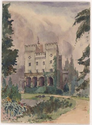 Dresden, Rittergut Altfranken, Hauptgebäude, Seitenansicht : Dresden, Rittergut Altfranken, Hauptgebäude, Seitenansicht, Nikolaus Felix Graf Luckner, 1938. Graphit, Pinsel in Wasserfarbe/Papier. 49,7 x 36,5 cm. Bez.: "F Luckner. 38."; Blattrückseite: "Felix Nikolaus Graf Luckner, Maler-Dilettant, Schloss Alt-Franken b. Dresden 1884-1961 Genf?" (Bleistift, sekundär).