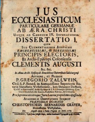 Ius ecclesiasticum particulare Germaniae ab aera Christi usque ad Carolum IV.