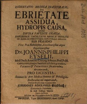Dissertatio Medica Inauguralis, De Ebrietate Assidua, Hydropis Causa