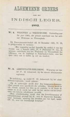 Algemeene orders voor het indisch leger. 1882. No. 1 - No. 74