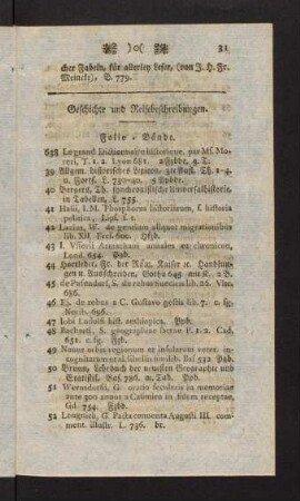 31-43, Geschichte und Reisebeschreibungen. Folio-Bände. Quart-Bände. Octav-Bände. Duodez-Bände.