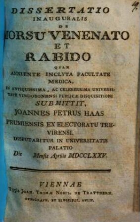 Dissertatio Inauguralis De Morsu Venenato Et Rabido