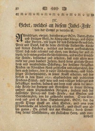 IV. Gebet, welches an diesem Jubel-Feste von der Cantzel zu verlesen ist