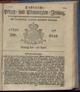 15tes Stueck, Montag den 13ten April. 1789