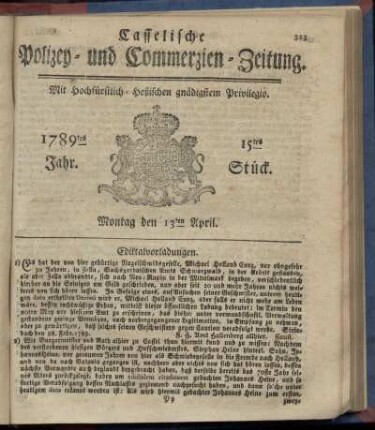 15tes Stueck, Montag den 13ten April. 1789