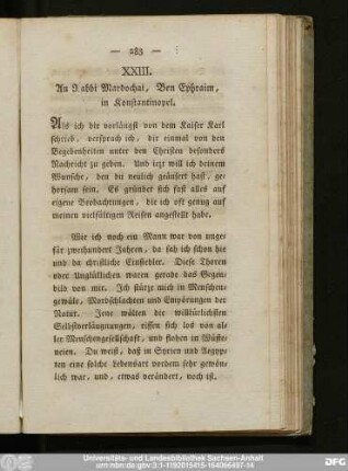 XXIII. An Rabbi Mardochai, Ben Ephraim, in Konstantinopel.