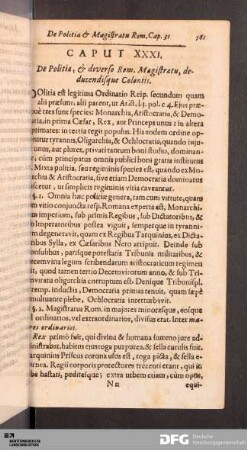 Caput XXXI. De Politica, & diverso Rom. Magistratu, deducendisque Coloniis