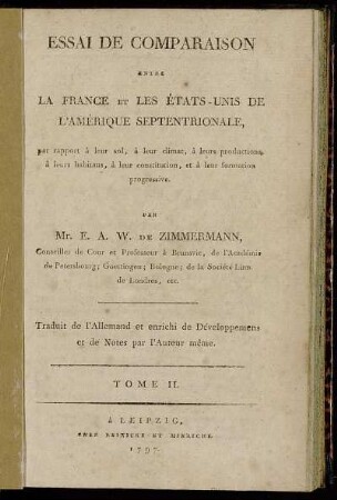 Essai De Comparaison Entre La France Et Les États-Unis De L'Amérique Septentrionale. Tome II.