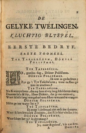 De Gelyke Twélingen : Kluchtig Blyspél; Uit de Menéchmen van Plautus getrokken