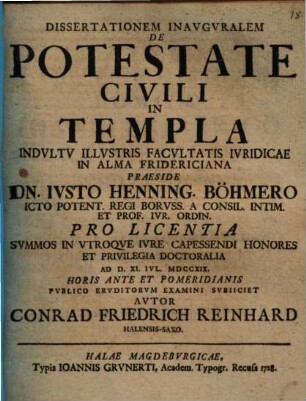 Dissertationem Inavgvralem De Potestate Civili In Templa : Indvltv Illvstris Facvltatis Ivridicae In Alma Fridericiana