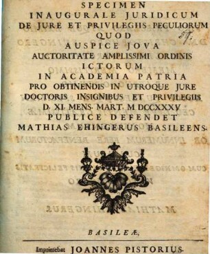 Specimen inaug. iur. de iure et privilegiis peculiorum