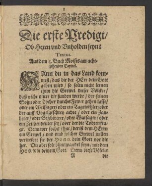 Die erste Predigt/ Ob Hexen und Unholden seyn?
